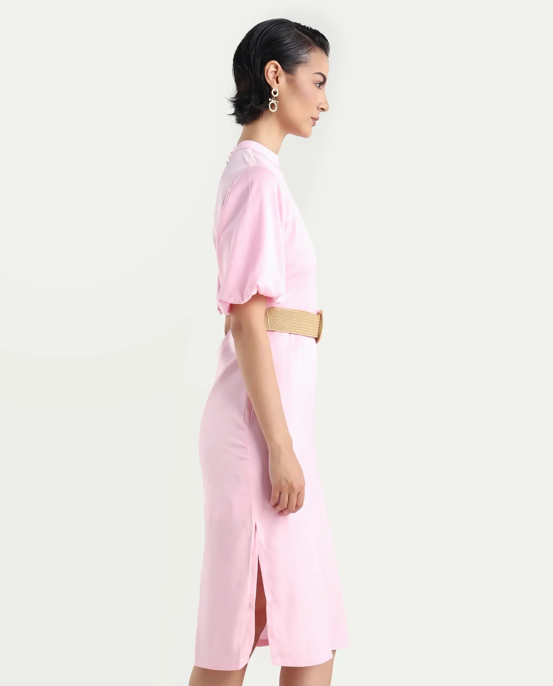 Rareism Women's Metz Light Pink Satin High Neck Dyed Balloon Sleeve Midi Bodycon Dress