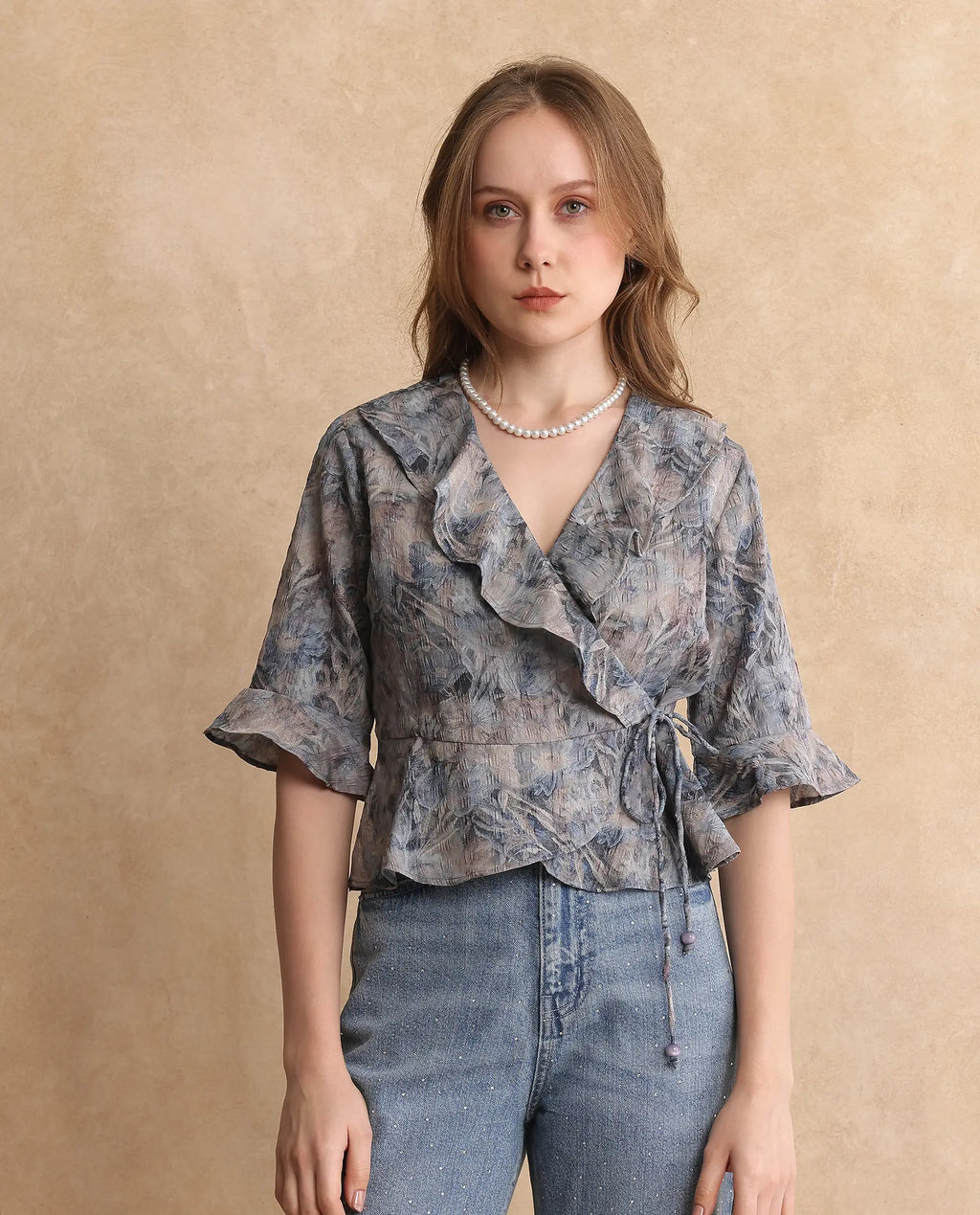 Rareism Women's Miben Dusky Multi Polyester Blend Ruffled Neck Floral Print Crop Regular Fit Top
