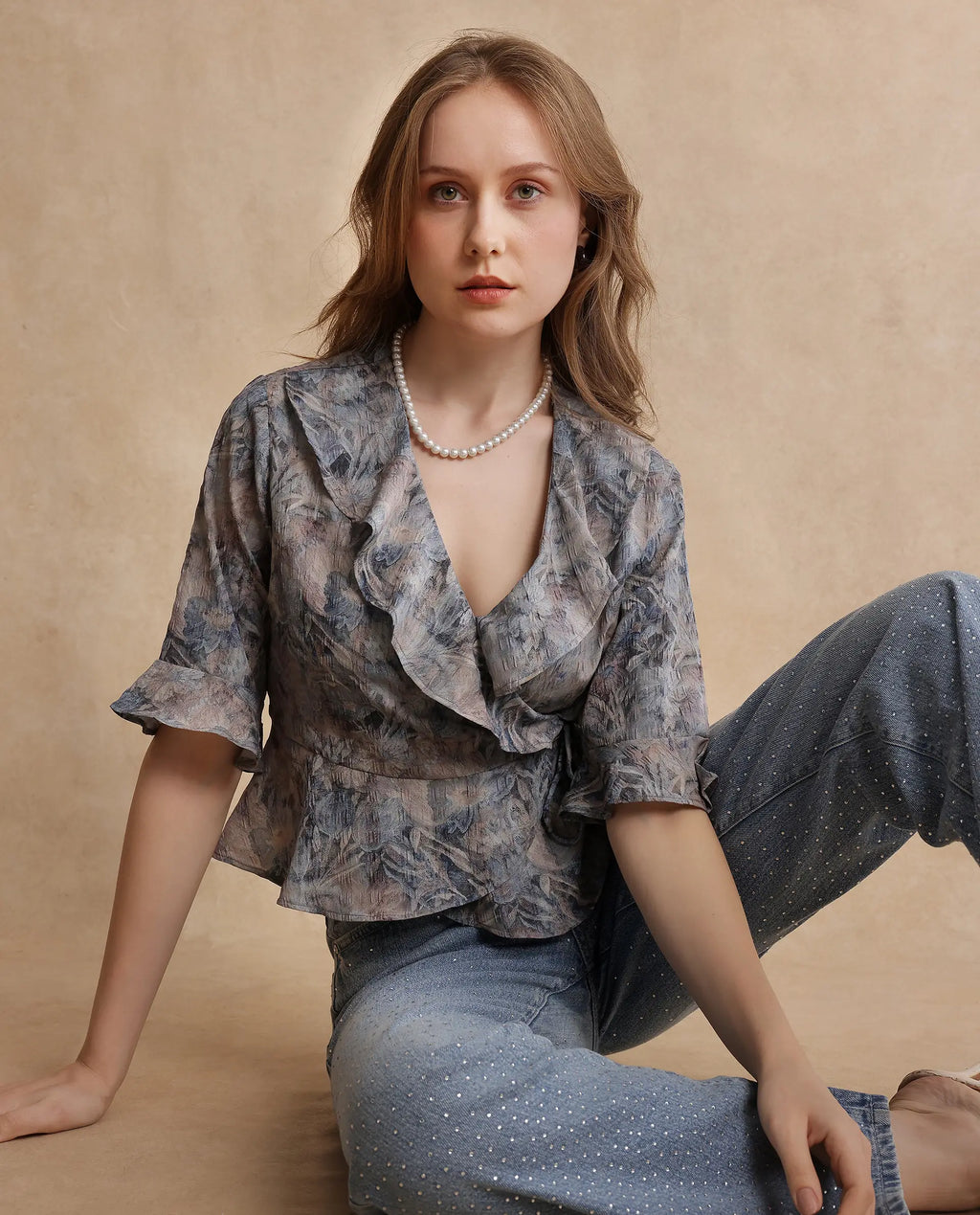 Rareism Women's Miben Dusky Multi Polyester Blend Ruffled Neck Floral Print Crop Regular Fit Top