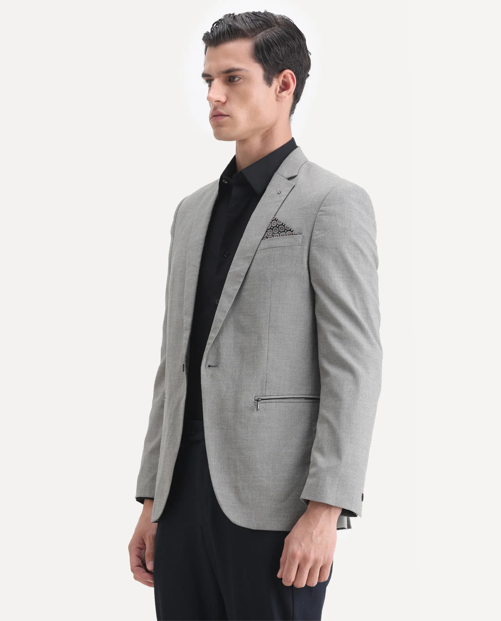 Rare Rabbit Men's Micro Grey Polyester Checked Print Tailored Fit Full Sleeve Lapel Neck Blazer