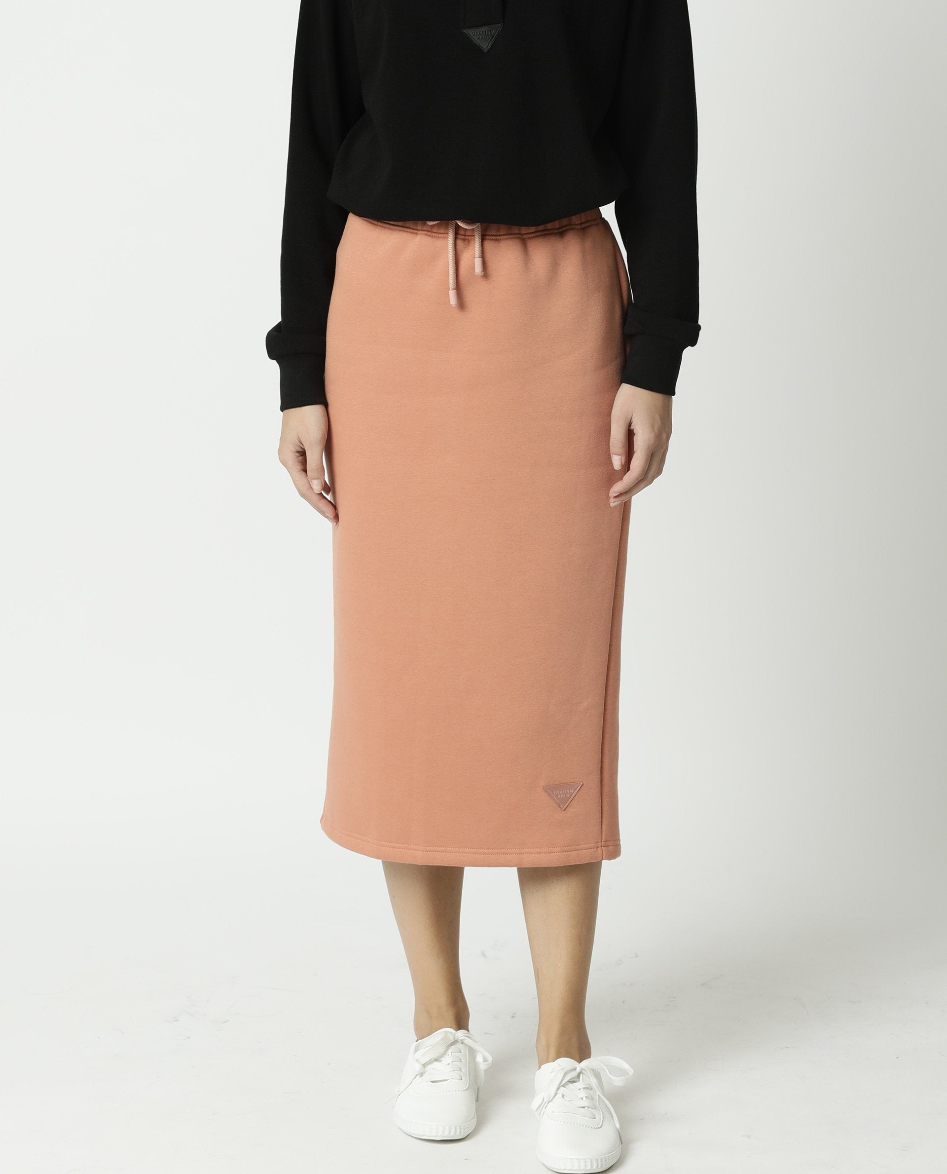 Rareism Women's Fudge Orange Polyester Blend Plain Midi Tailored Skirt