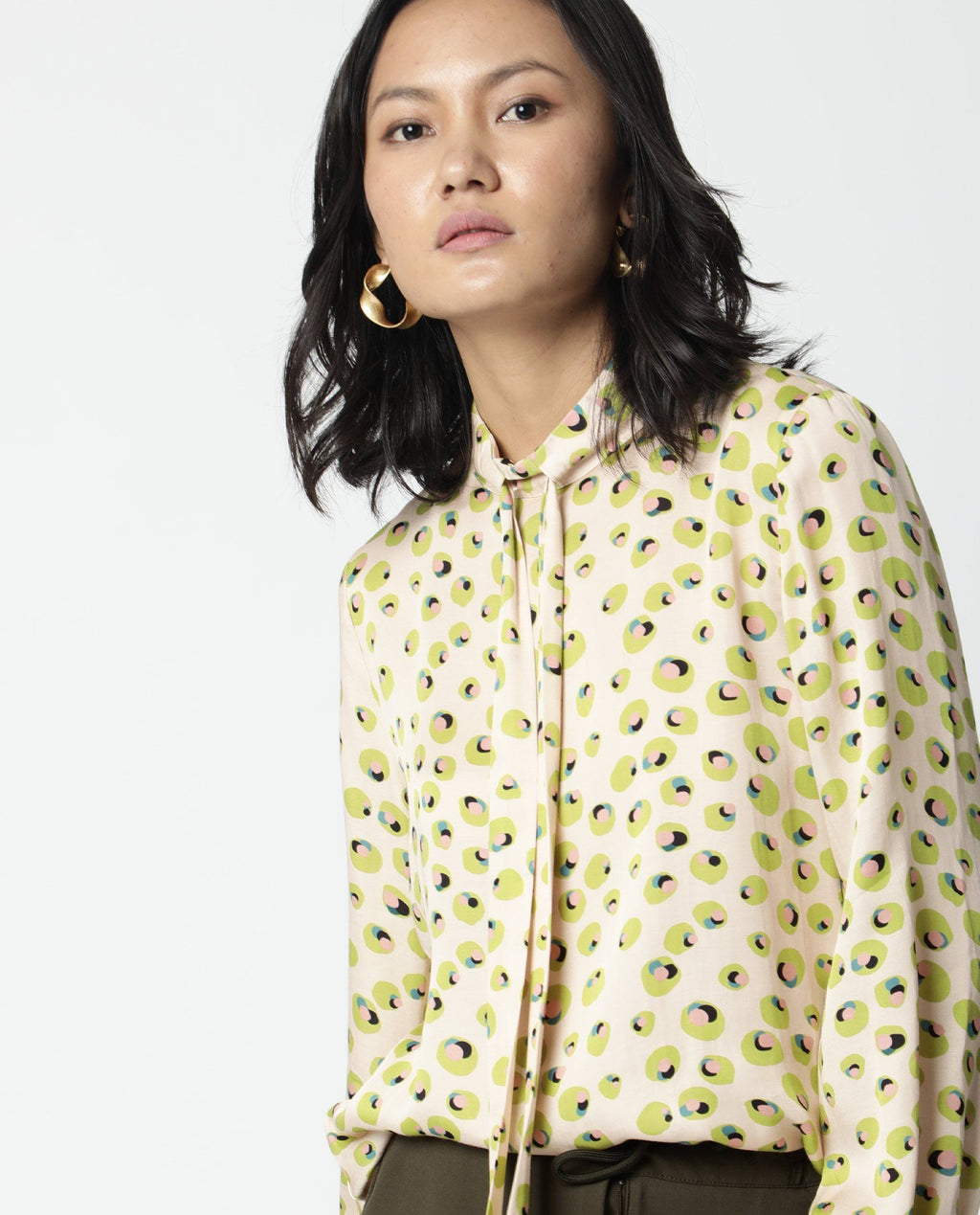 Rareism Womens Dewd Peach Top Abstract Print Cotton Blend Fabric Round Neck Long Sleeves