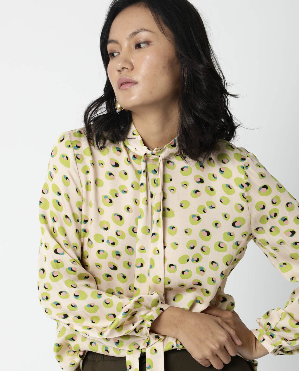 Rareism Womens Dewd Peach Top Abstract Print Cotton Blend Fabric Round Neck Long Sleeves