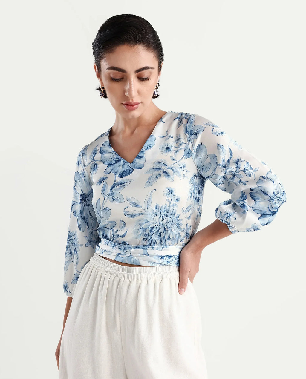 Rareism Women's Milan Light Satin V-Neck Floral Print Bell Sleeve Crop Regular Fit Top