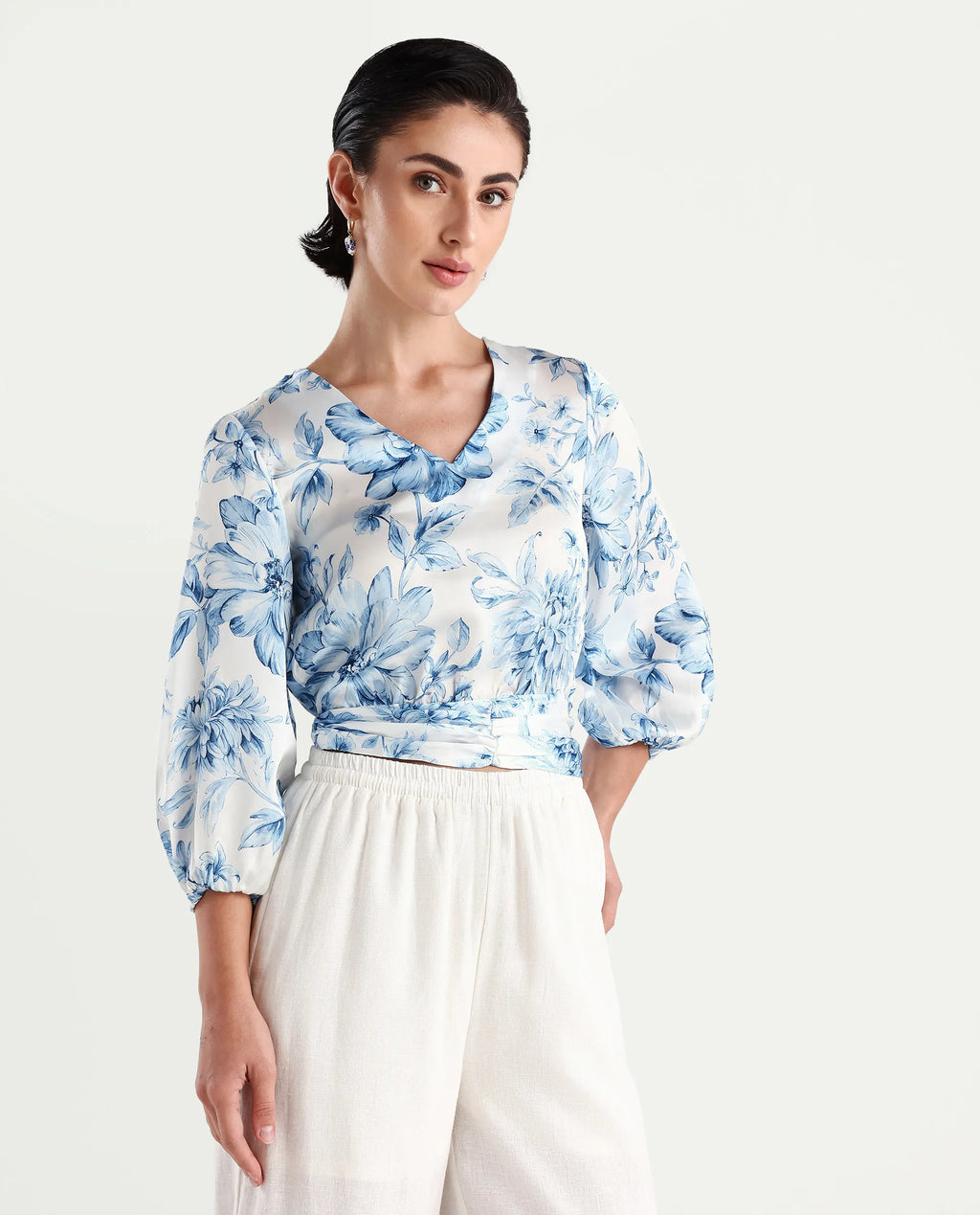 Rareism Women's Milan Light Satin V-Neck Floral Print Bell Sleeve Crop Regular Fit Top