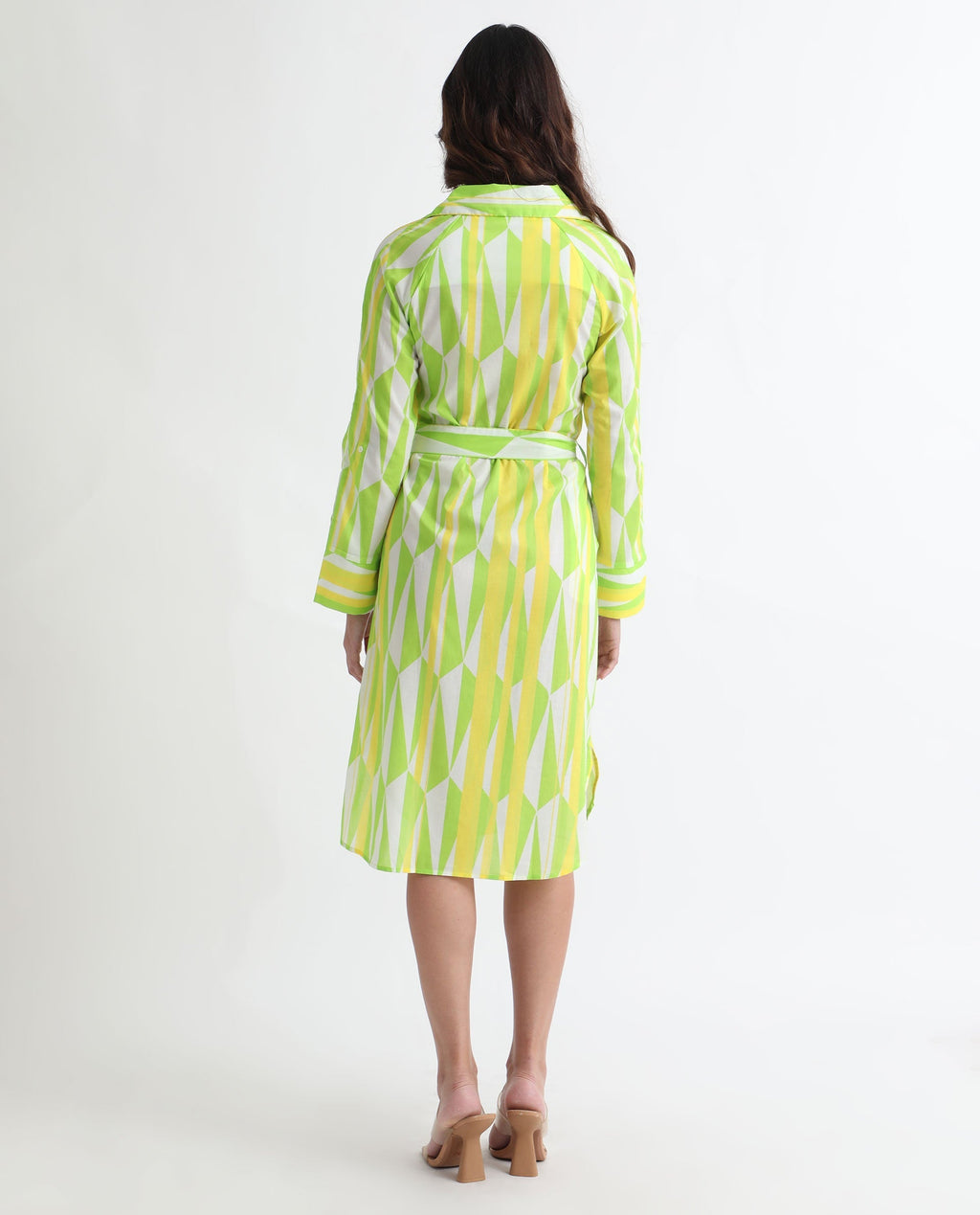 Rareism Women's Miller Multi Cotton Spread Collar Abstract Print Cuffed Sleeve Midi Regular Fit Dress