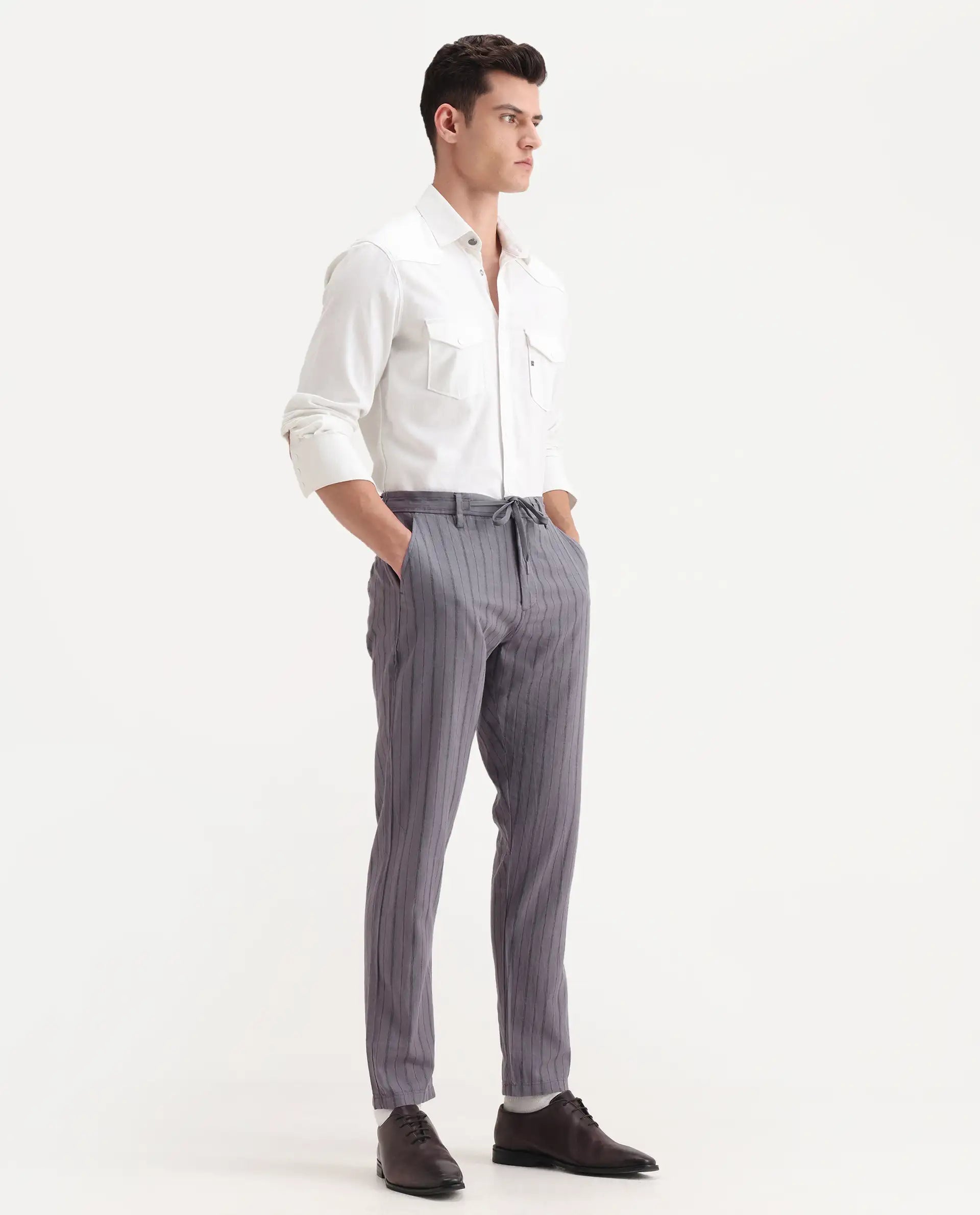 Rare Rabbit Men's Milos Dusky Purple Linen Blend Striped Print Regular Fit Trouser