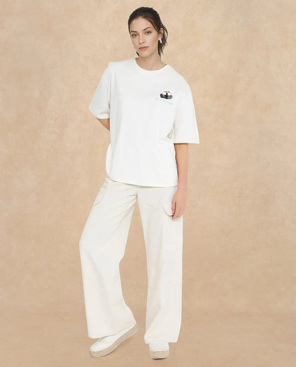 Rareism Women's Mindy Off White Cotton Blend Crew Neck Graphic Print Relaxed Fit T-Shirt