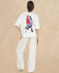 Rareism Women's Mindy Off White Cotton Blend Crew Neck Graphic Print Relaxed Fit T-Shirt