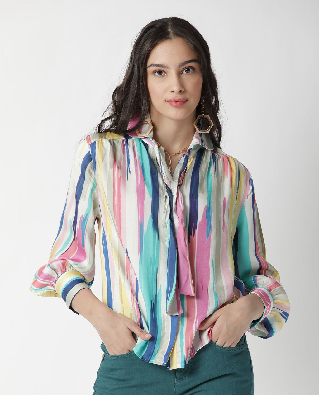 Rareism Womens Mingo Multi Top Modal Satin Fabric Regular Fit Volume Sleeve Tie Up