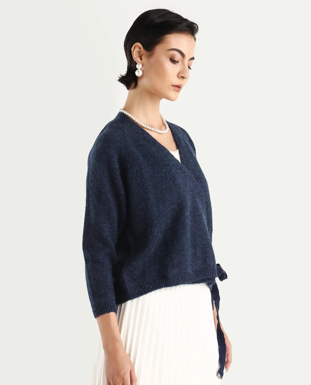 Rareism Women's Minjin Dark Purple Overlap Neck Plain Relaxed Fit Cardigan