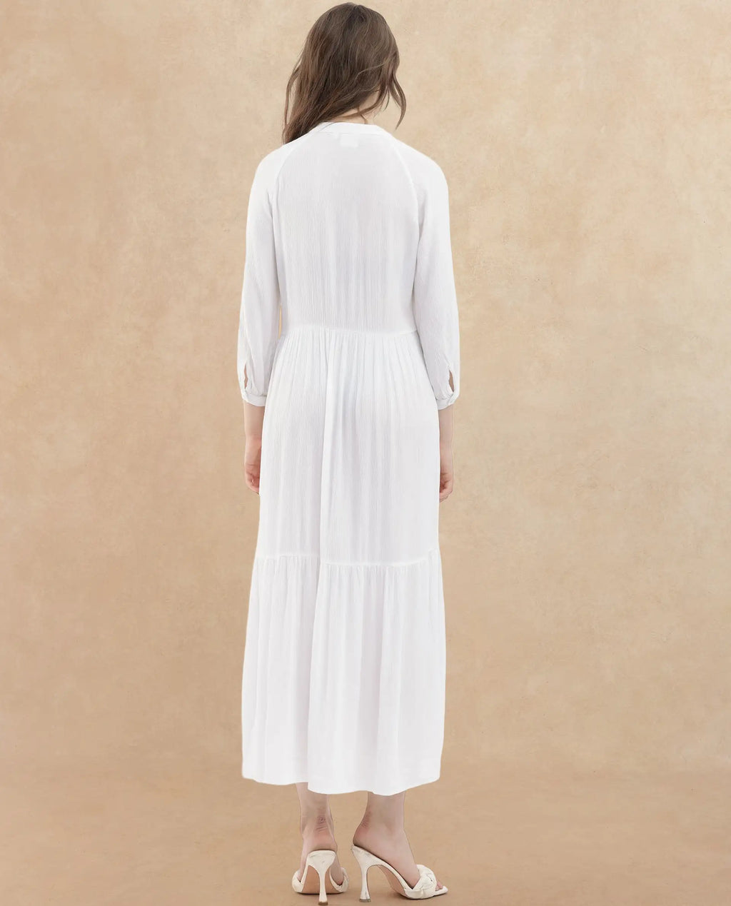 Rareism Women's Miltry Light White Viscose Mandarin Collar Plain Raglan Sleeve Maxi Fit And Flare Dress