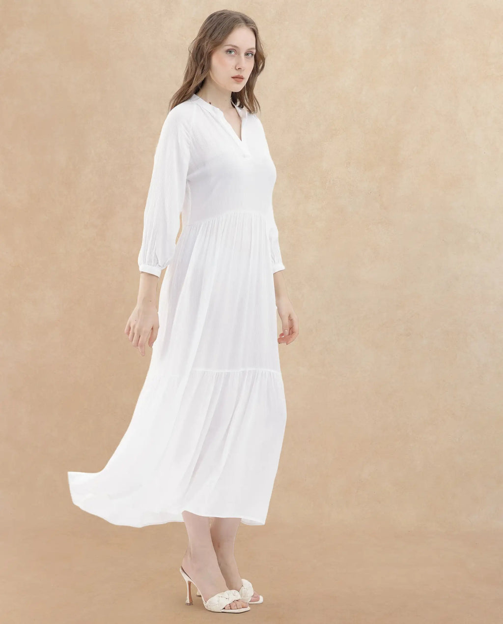 Rareism Women's Miltry Light White Viscose Mandarin Collar Plain Raglan Sleeve Maxi Fit And Flare Dress