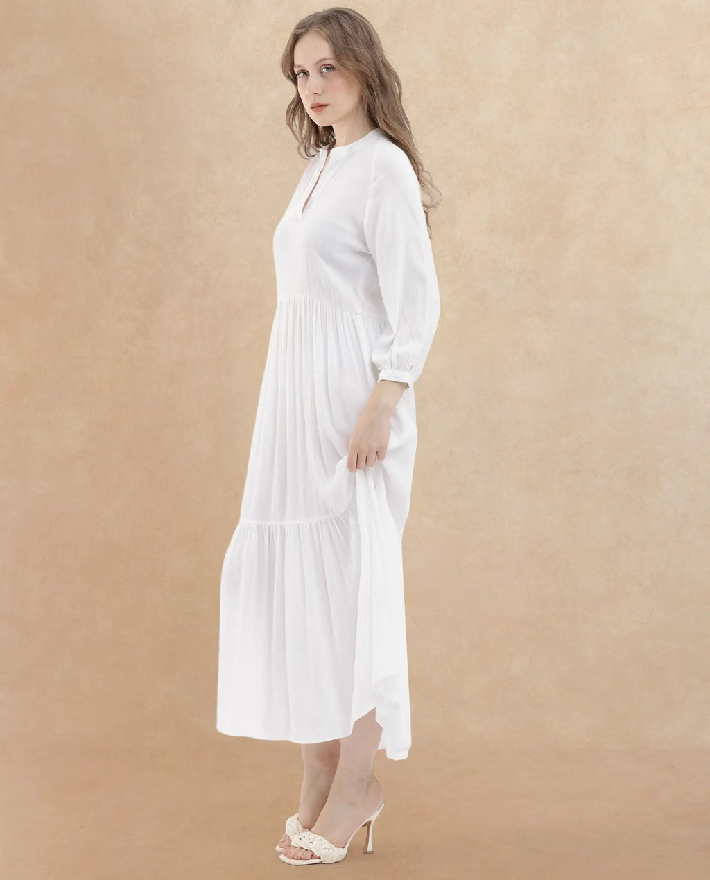 Rareism Women's Miltry Light White Viscose Mandarin Collar Plain Raglan Sleeve Maxi Fit And Flare Dress