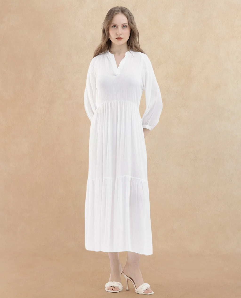 Rareism Women's Miltry Light White Viscose Mandarin Collar Plain Raglan Sleeve Maxi Fit And Flare Dress