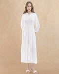 Rareism Women's Miltry Light White Viscose Mandarin Collar Plain Raglan Sleeve Maxi Fit And Flare Dress