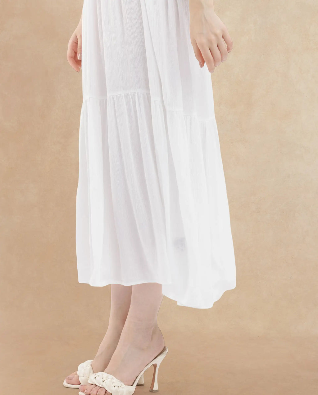 Rareism Women's Miltry Light White Viscose Mandarin Collar Plain Raglan Sleeve Maxi Fit And Flare Dress
