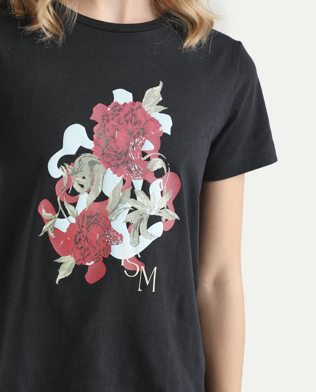 Rareism Women's Mirth Black Cotton Blend Crew Neck Graphic Print Regular Fit T-Shirt