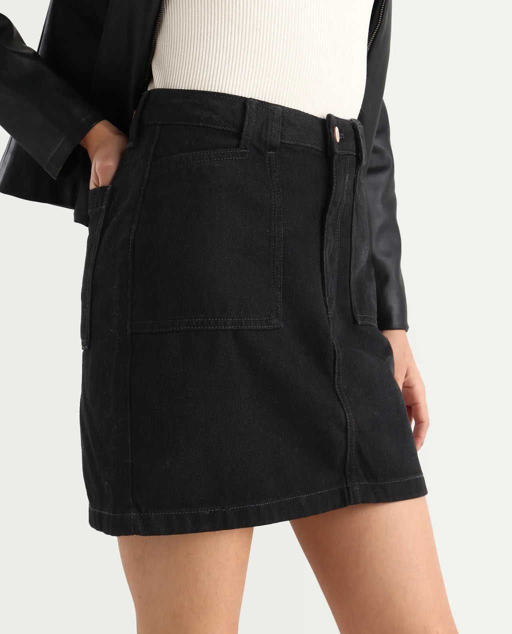 Rareism Women's Misko Black Cotton Plain Mini Straight Fit Skirt