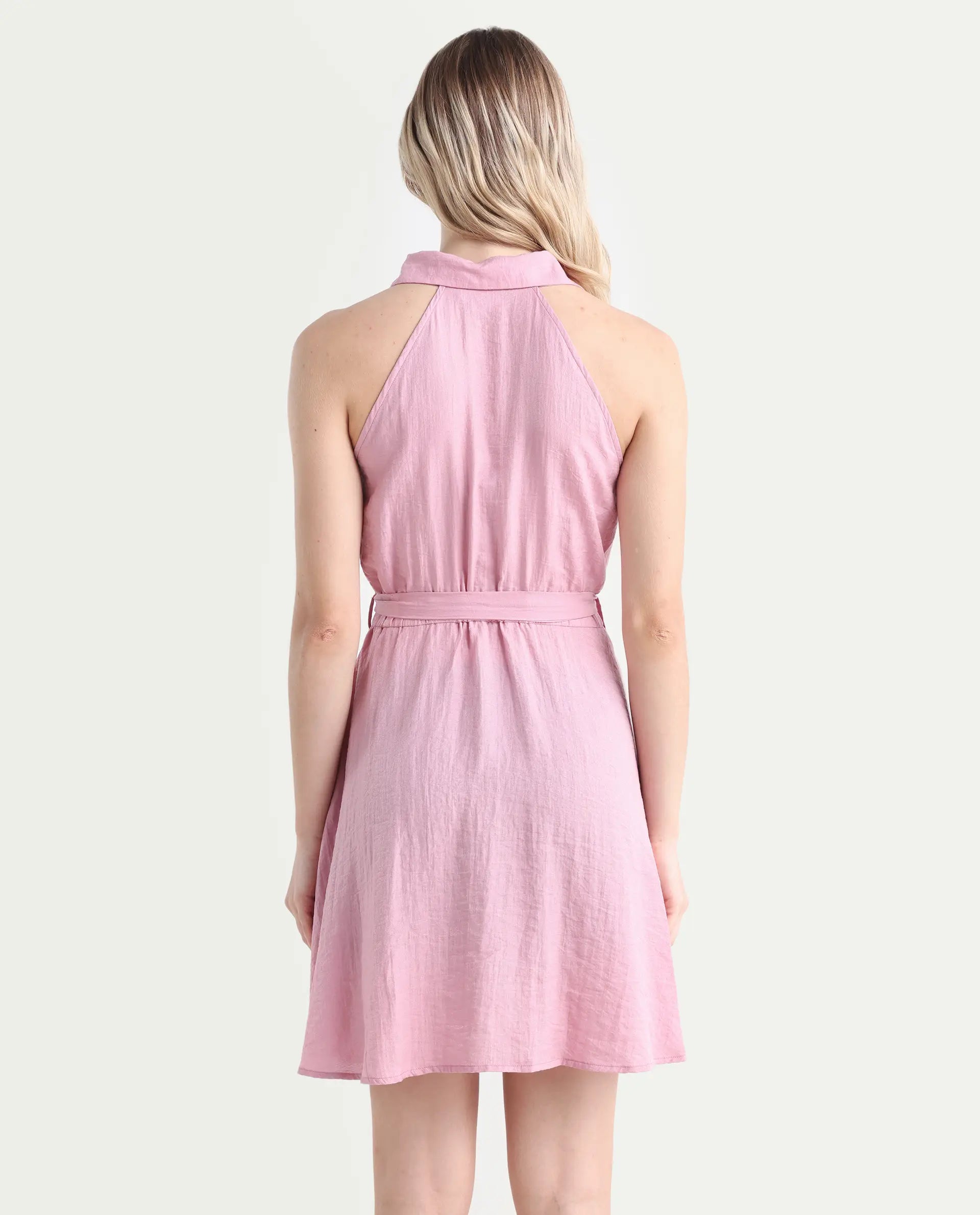 Rareism Women's Mistletoe Pink Rayon Blend Spread Collar Plain Sleeveless Knee Length Regular Fit Dress