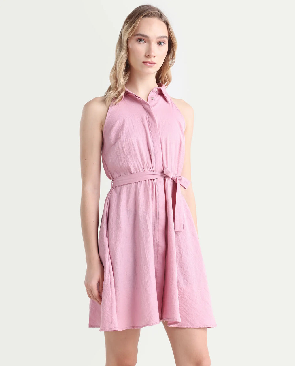 Rareism Women's Mistletoe Pink Rayon Blend Spread Collar Plain Sleeveless Knee Length Regular Fit Dress