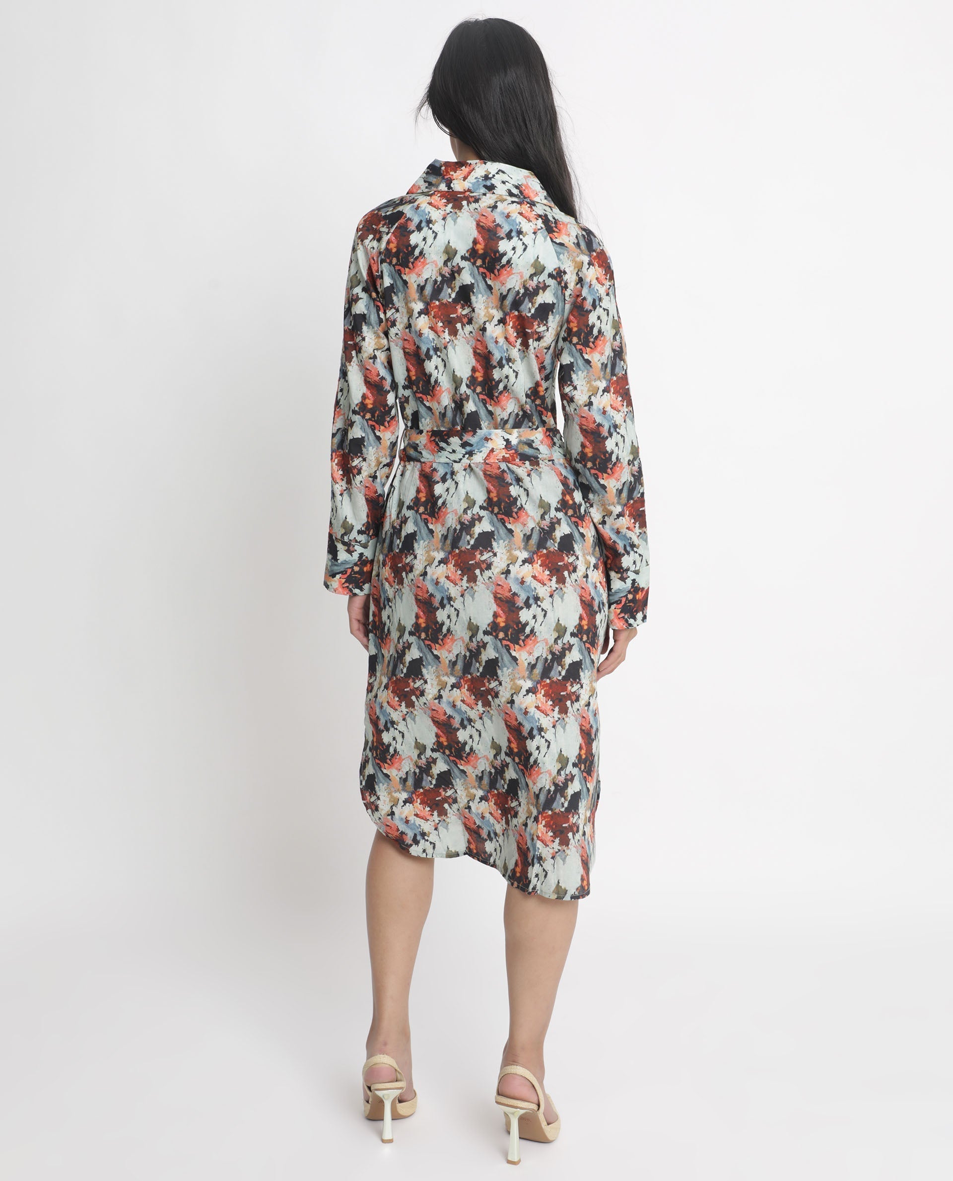 Rareism Women's Mitchell Multi Cotton Spread Collar Abstract Print Knee Length Regular Fit Dress