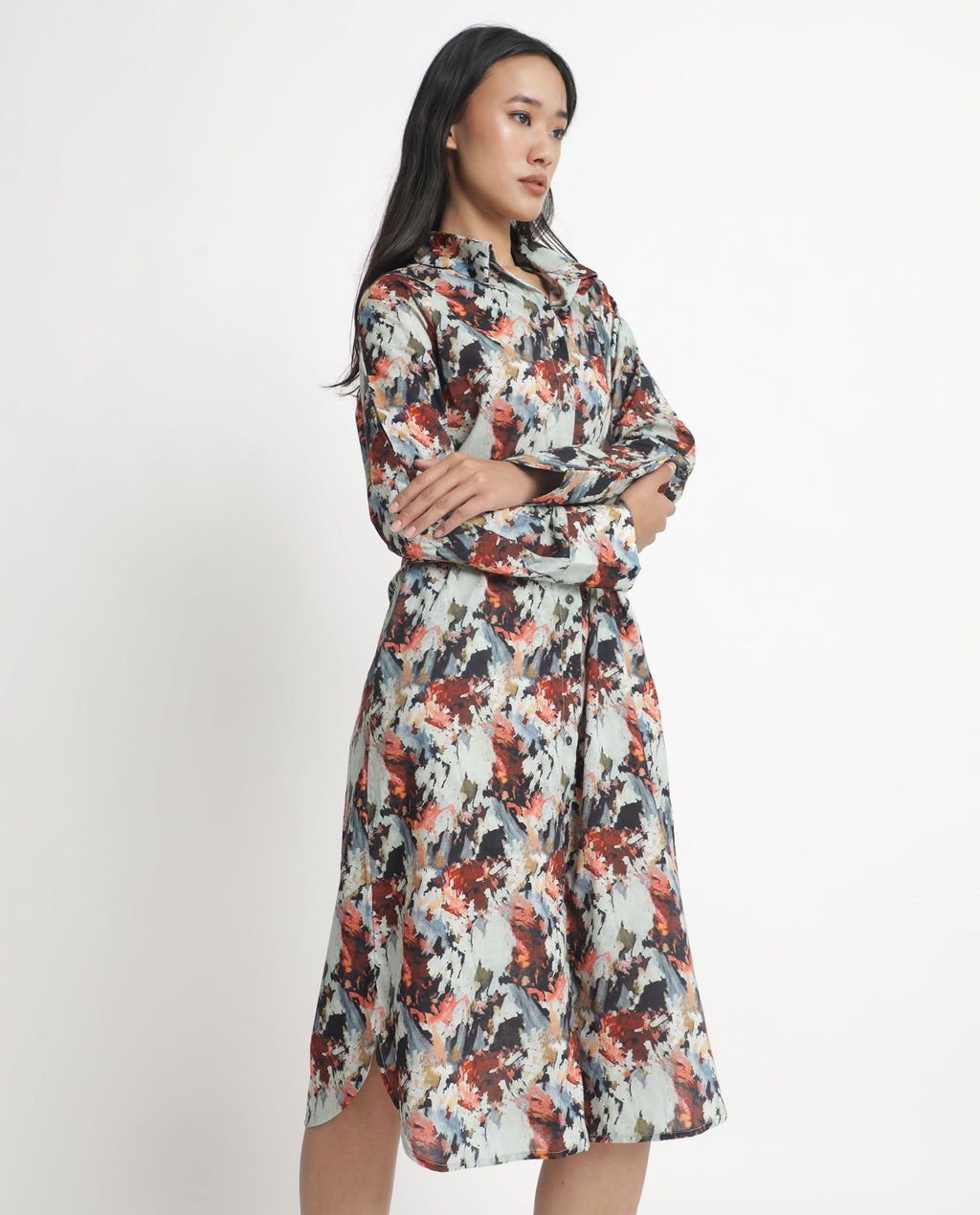 Rareism Women's Mitchell Multi Cotton Spread Collar Abstract Print Knee Length Regular Fit Dress