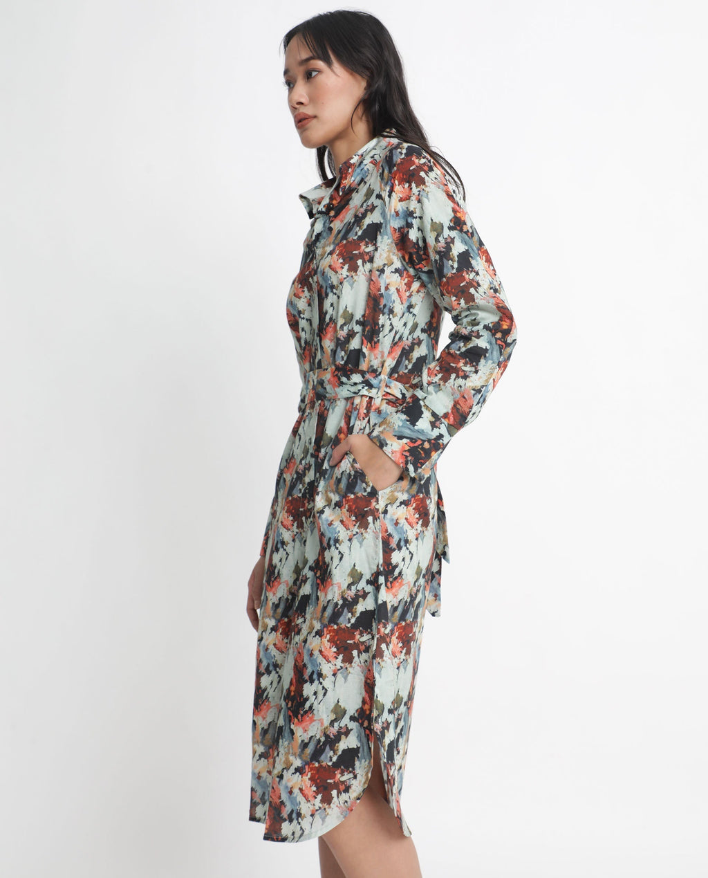 Rareism Women's Mitchell Multi Cotton Spread Collar Abstract Print Knee Length Regular Fit Dress