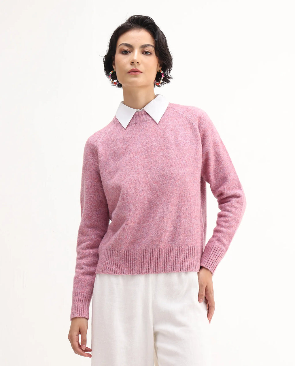 Rareism Women's Mitsu Light Pink Acrylic Blend Crew Neck Relaxed Fit Sweater