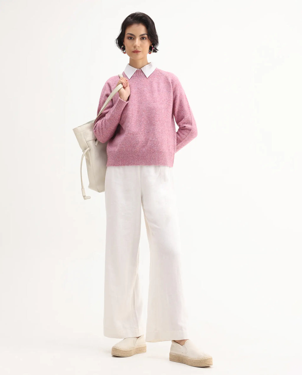 Rareism Women's Mitsu Light Pink Acrylic Blend Crew Neck Relaxed Fit Sweater