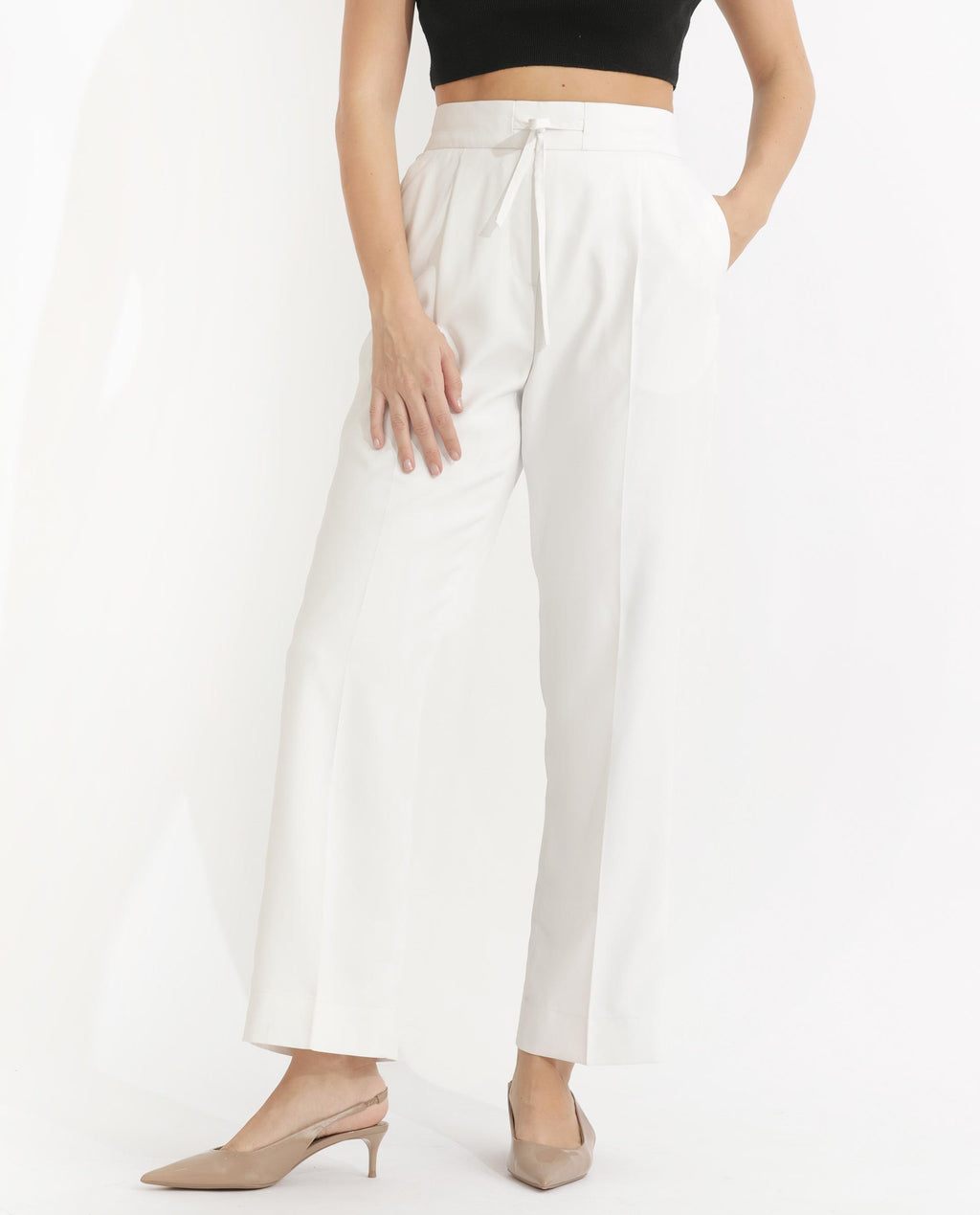 Rareism Women's Miza Off White Cotton Plain Ankle Length Straight Fit Trouser