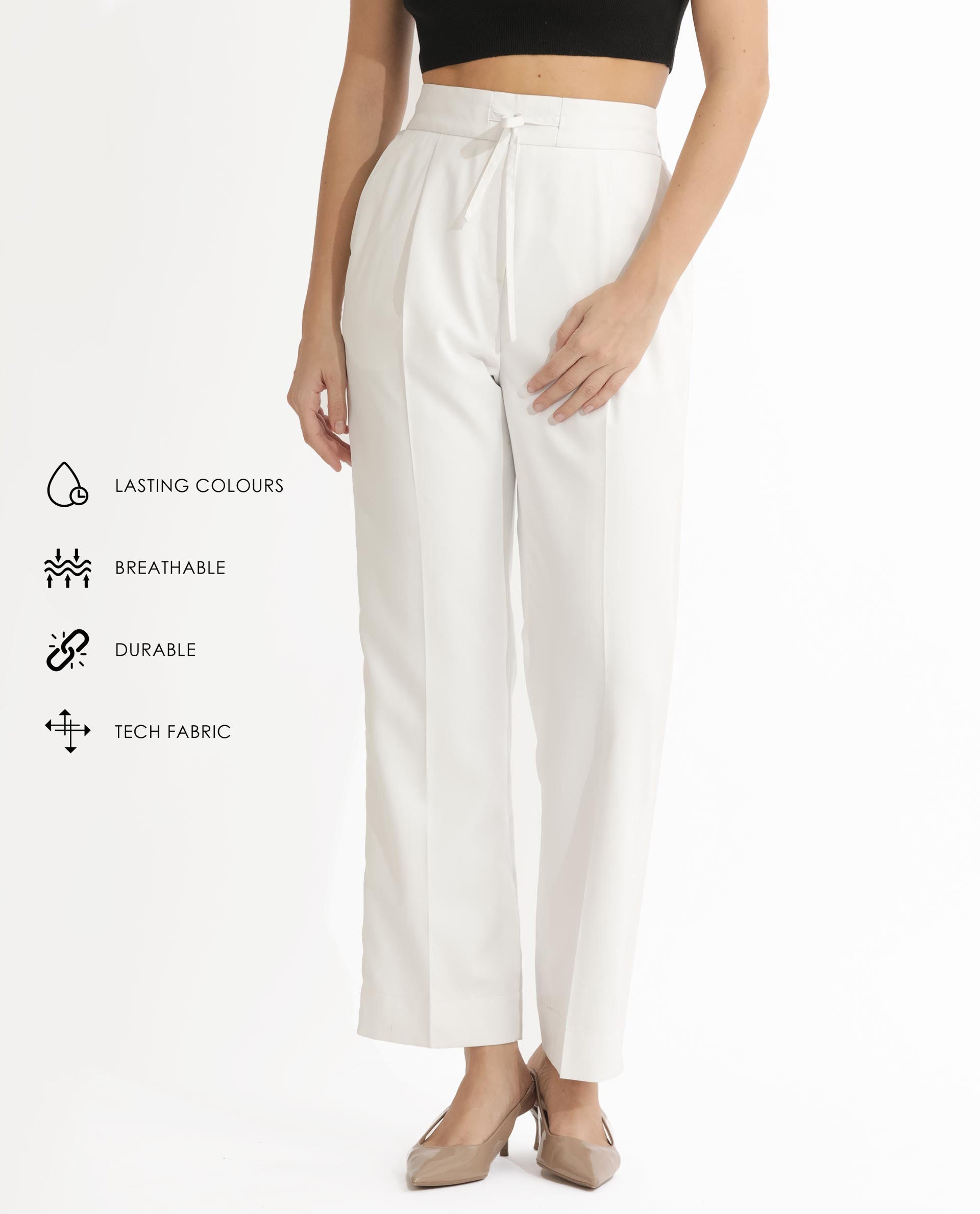 Rareism Women's Miza Off White Cotton Plain Ankle Length Straight Fit Trouser