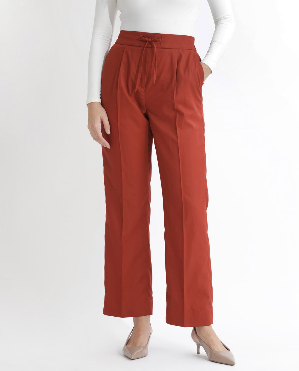 Rareism Women's Miza Orange Cotton Plain Ankle Length Straight Fit Trouser