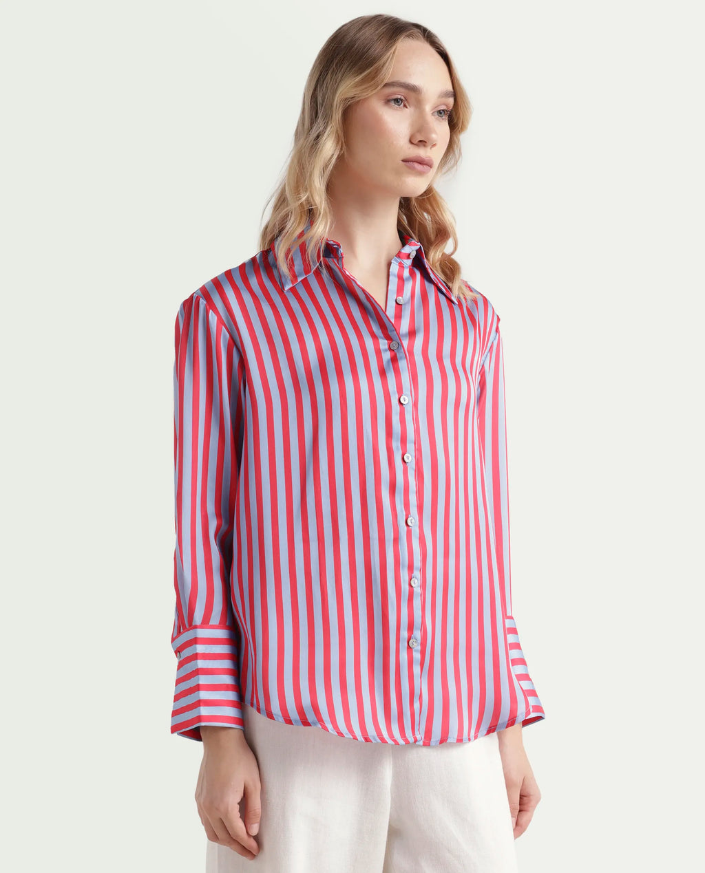 Rareism Women's Mochin Blue Polyester Drop Collar Striped Cuffed Sleeve Regular Fit Shirt