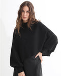 Rareism Women's Modem Black Cotton High Neck Plain Volume Sleeve Relaxed Fit Sweater
