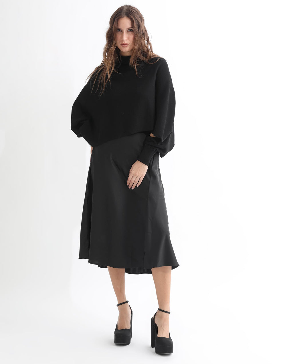 Rareism Women's Modem Black Cotton High Neck Plain Volume Sleeve Relaxed Fit Sweater