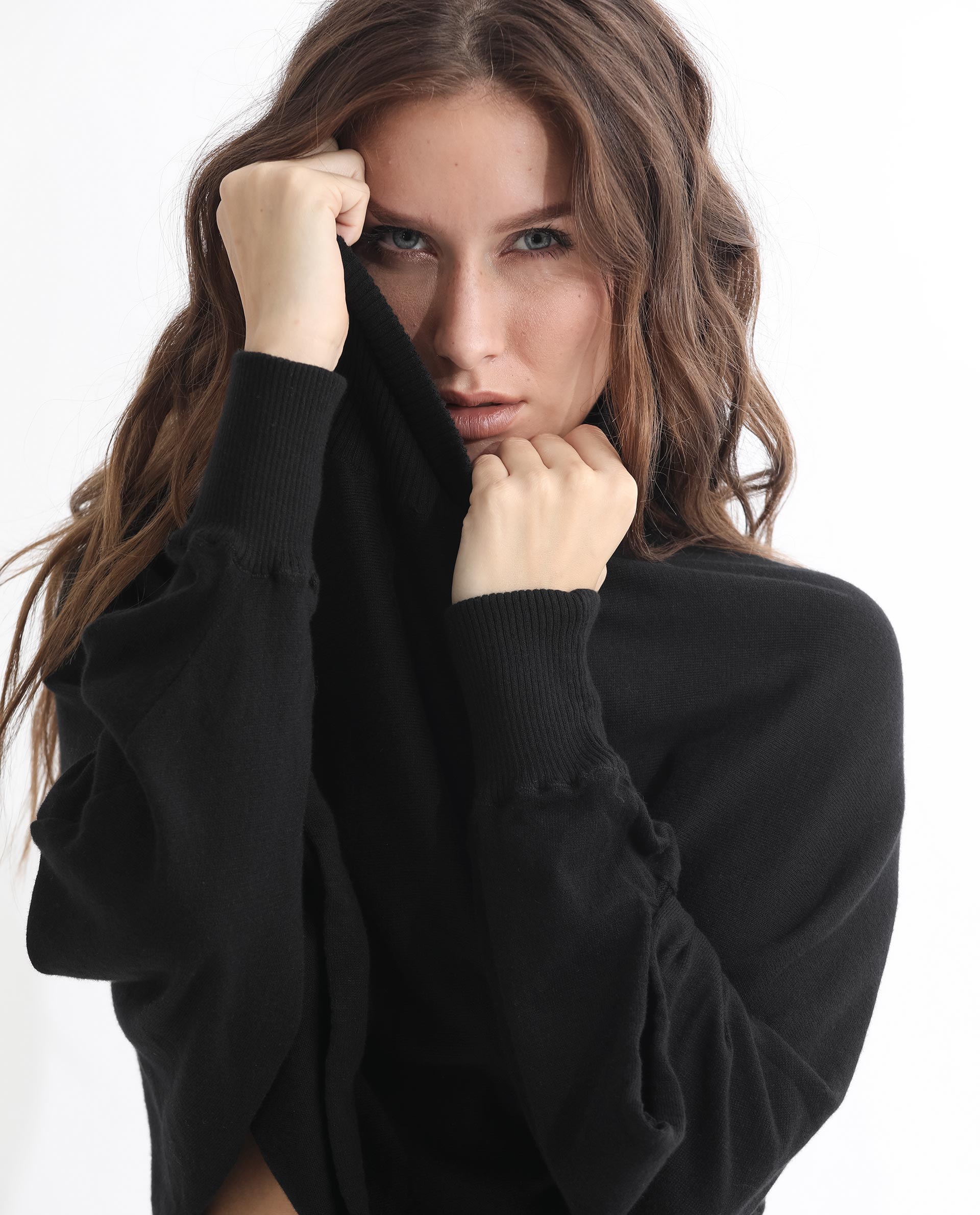 Rareism Women's Modem Black Cotton High Neck Plain Volume Sleeve Relaxed Fit Sweater