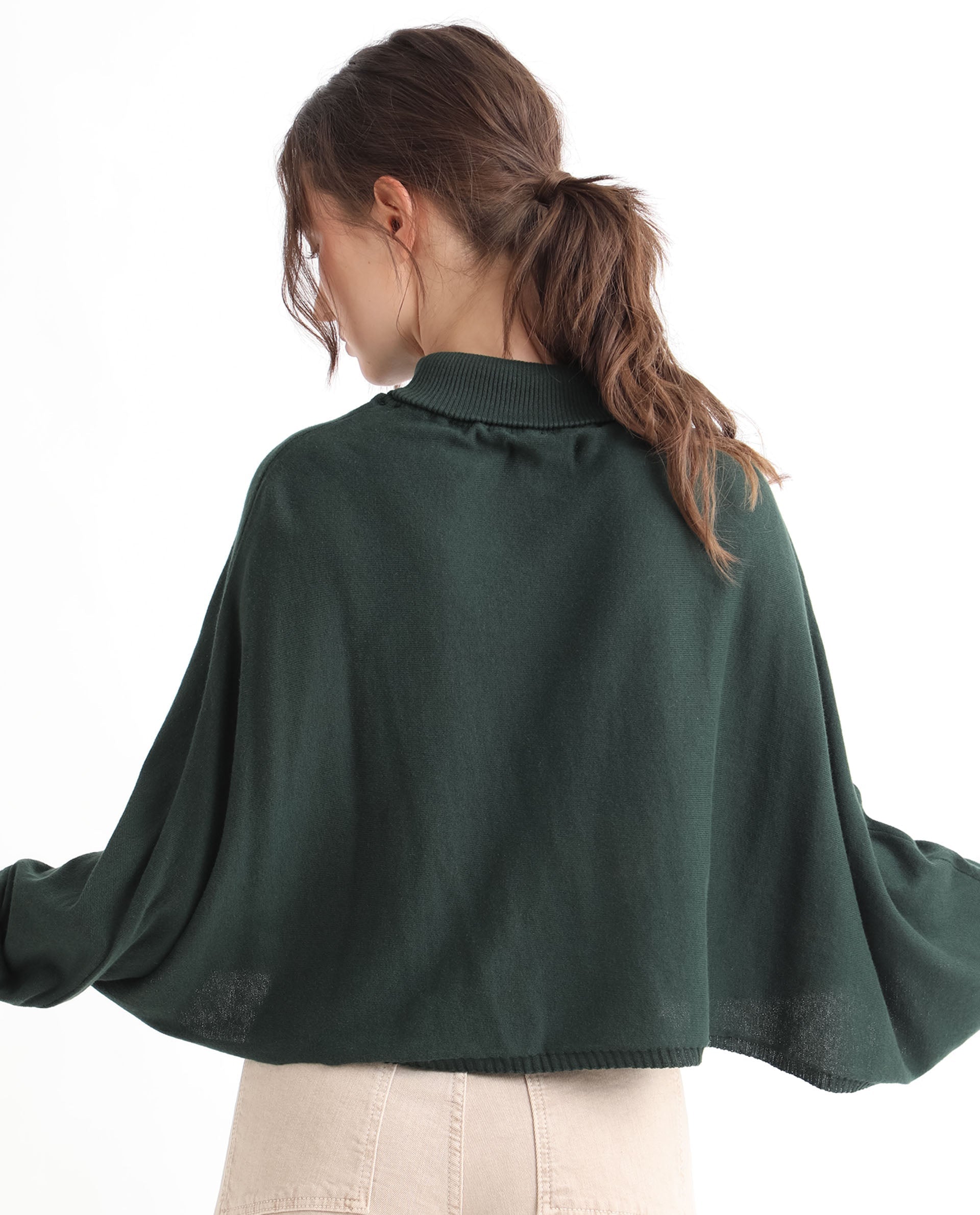 Rareism Women's Modem Green Cotton High Neck Plain Volume Sleeve Relaxed Fit Sweater