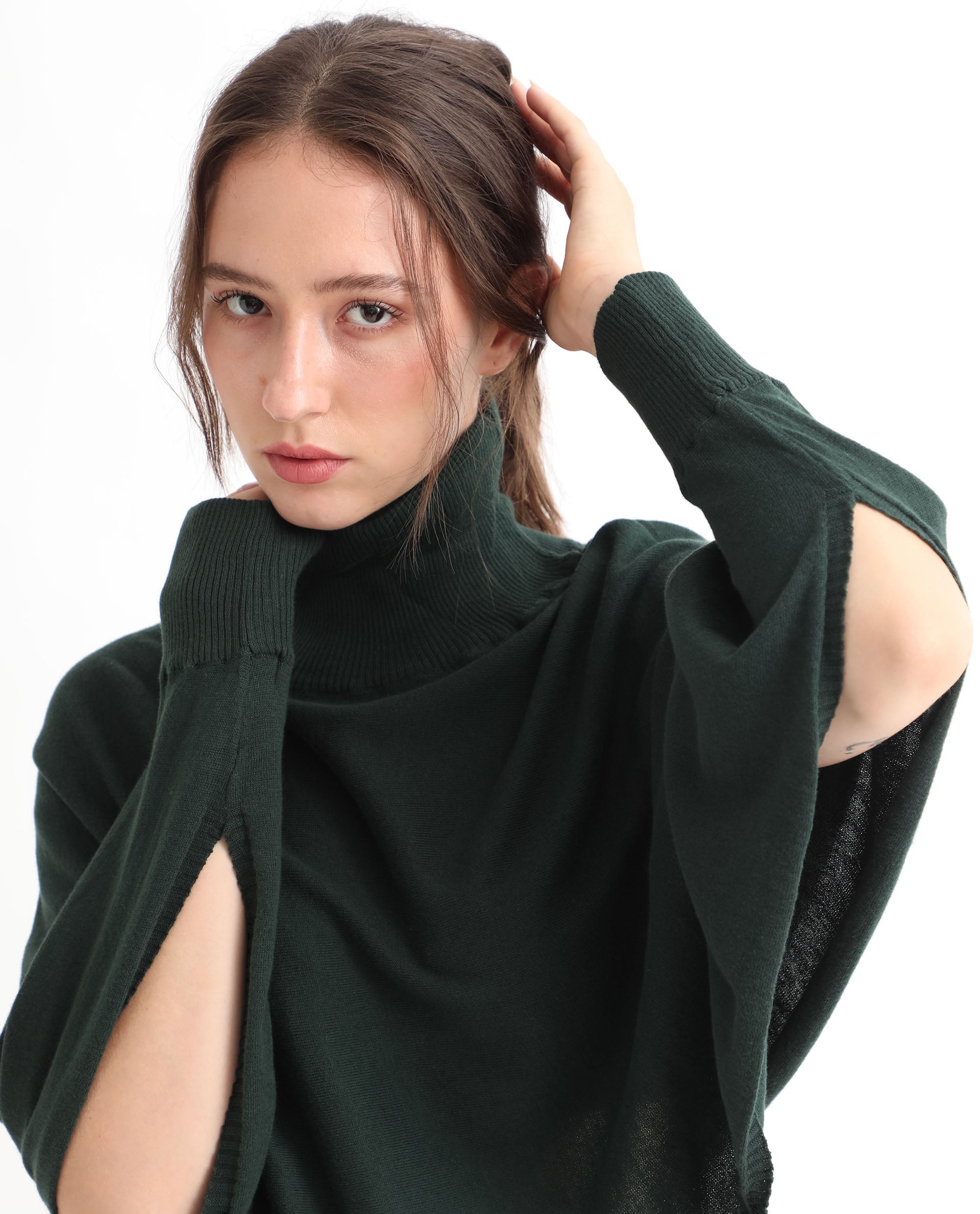 Rareism Women's Modem Green Cotton High Neck Plain Volume Sleeve Relaxed Fit Sweater