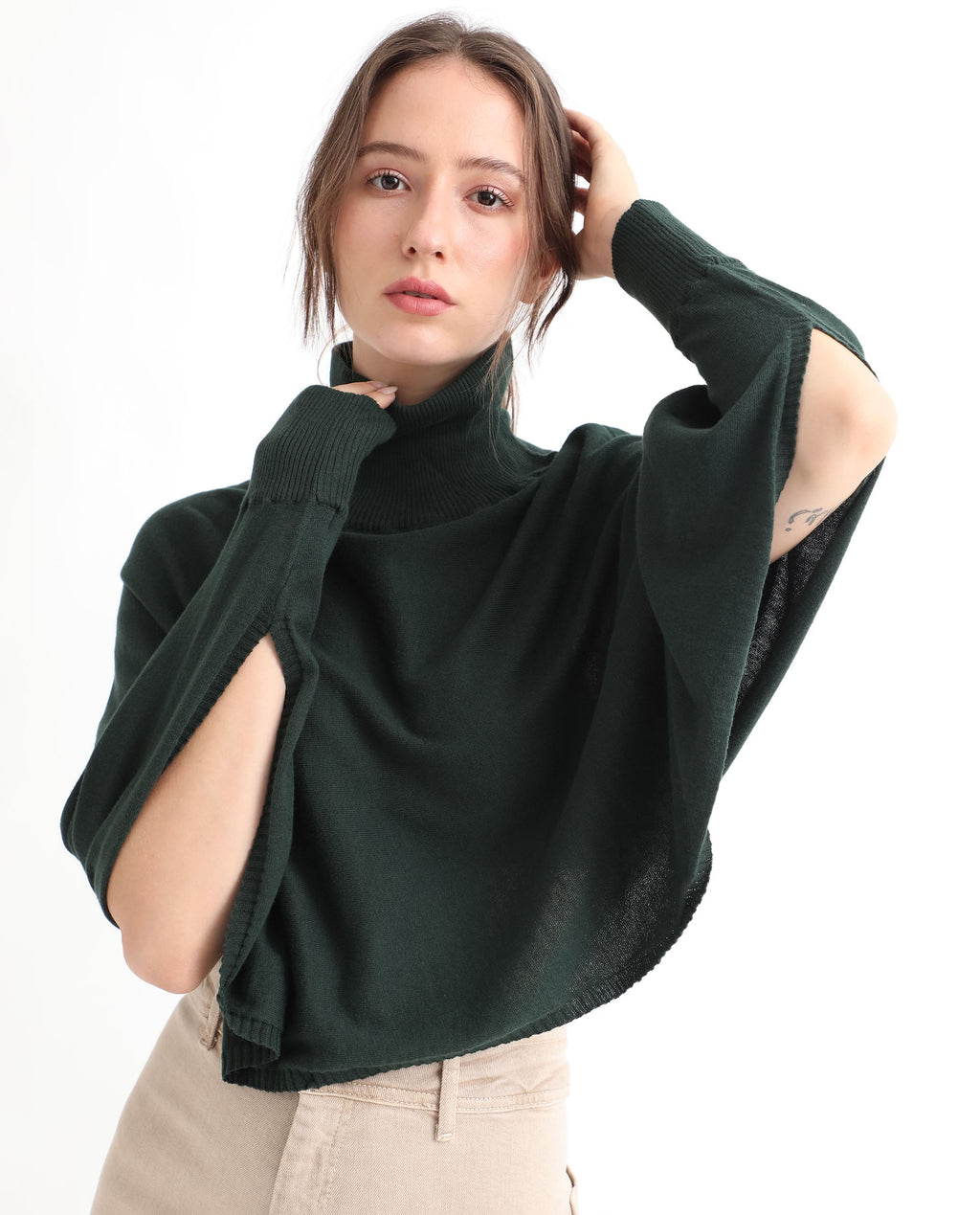 Rareism Women's Modem Green Cotton High Neck Plain Volume Sleeve Relaxed Fit Sweater