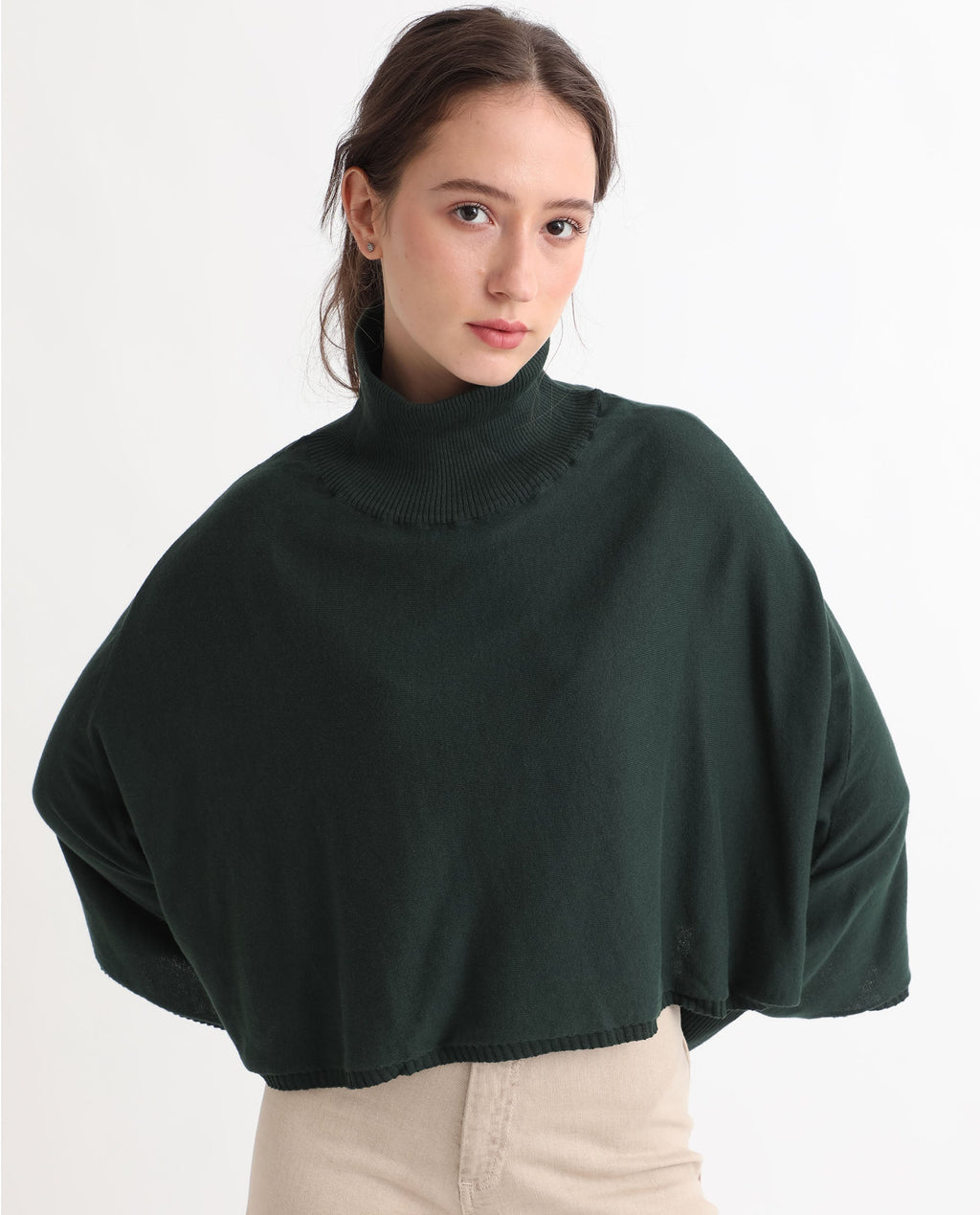 Rareism Women's Modem Green Cotton High Neck Plain Volume Sleeve Relaxed Fit Sweater