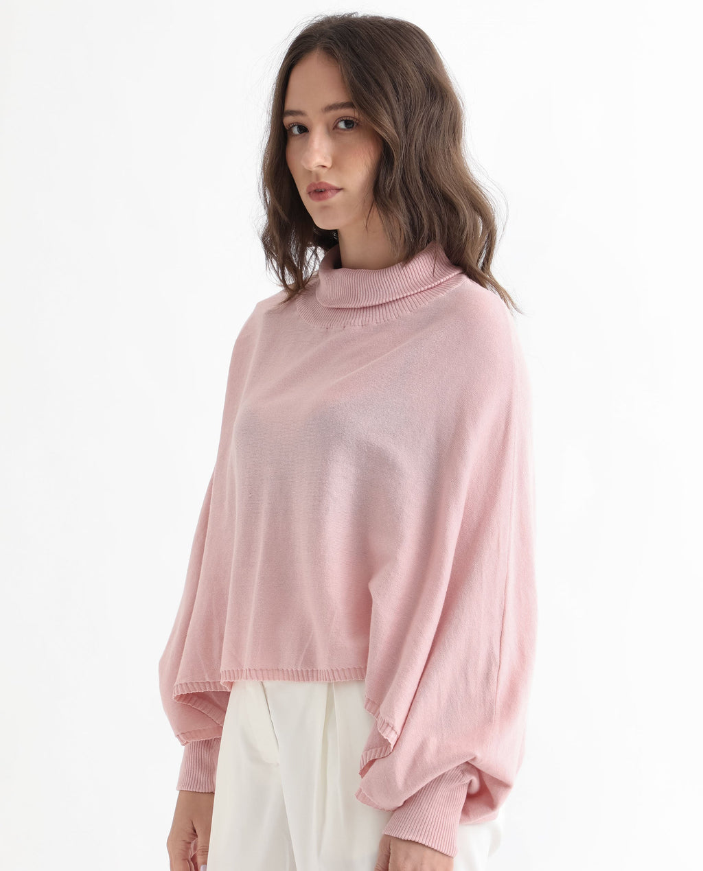 Rareism Women's Modem Pink Cotton High Neck Plain Volume Sleeve Relaxed Fit Sweater