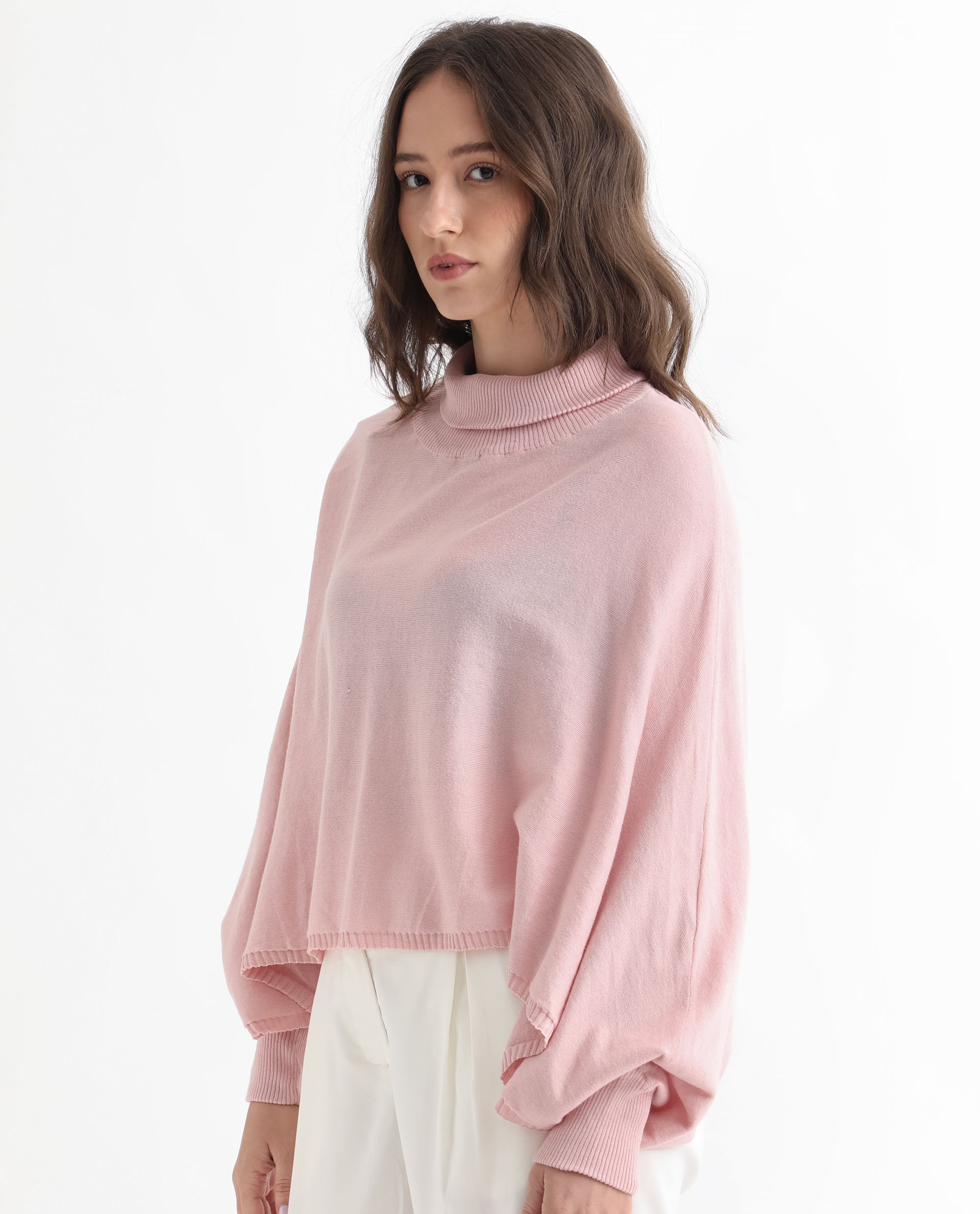 Rareism Women's Modem Pink Cotton High Neck Plain Volume Sleeve Relaxed Fit Sweater