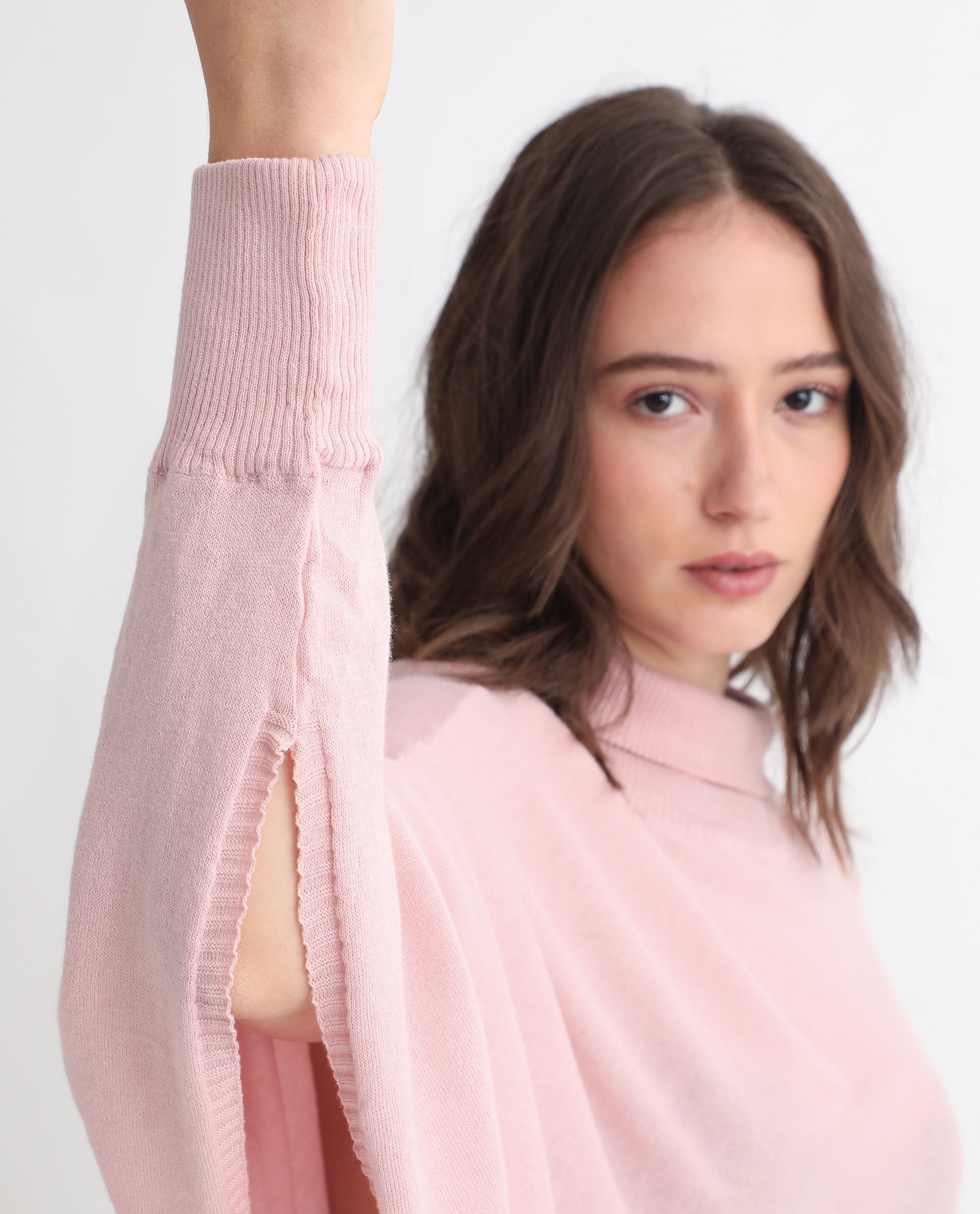 Rareism Women's Modem Pink Cotton High Neck Plain Volume Sleeve Relaxed Fit Sweater