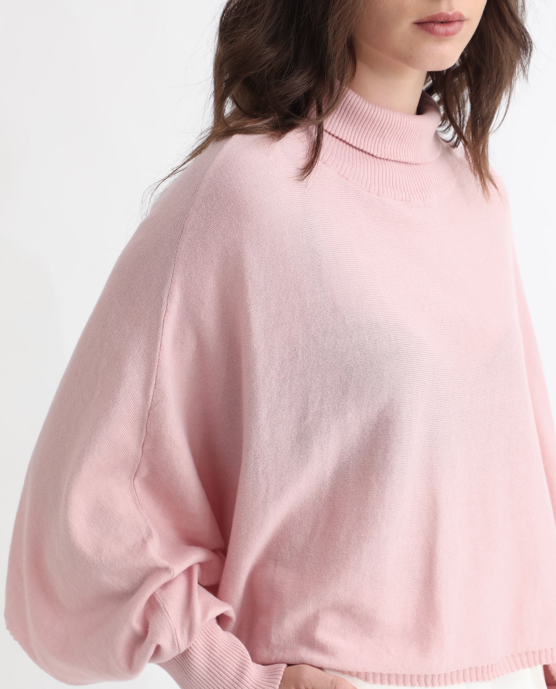 Rareism Women's Modem Pink Cotton High Neck Plain Volume Sleeve Relaxed Fit Sweater