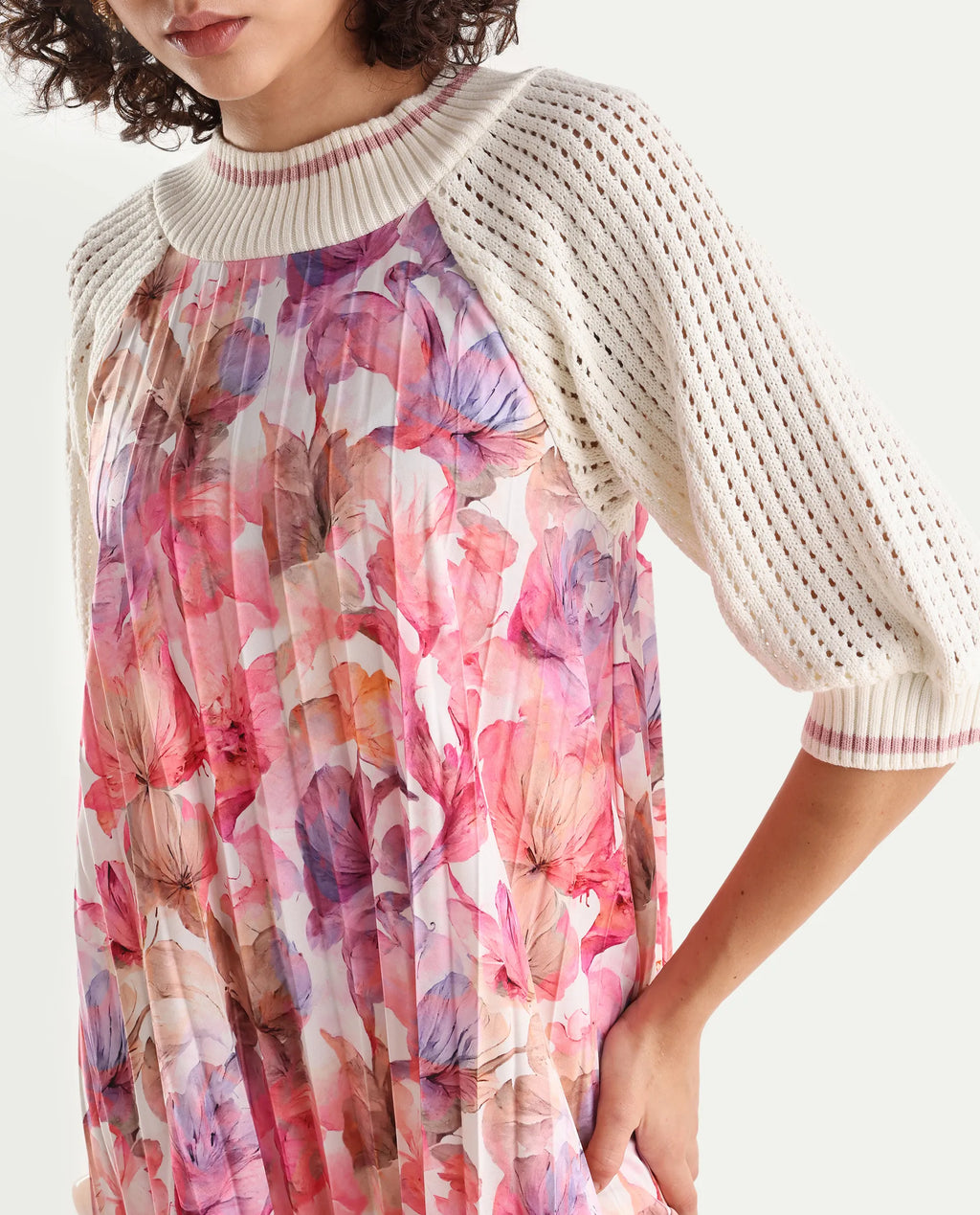 Rareism Women's Modenl Light Multi Satin Ribbed Collar Floral Print Raglan Sleeve Midi Flared Dress