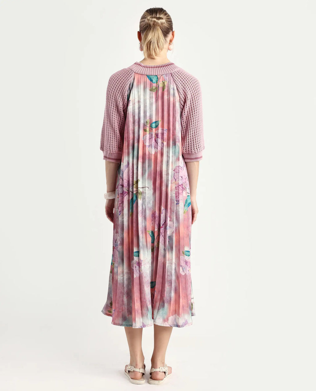 Rareism Women's Modley Multi Polyester Ribbed Collar Floral Print Raglan Sleeve Midi Flared Dress