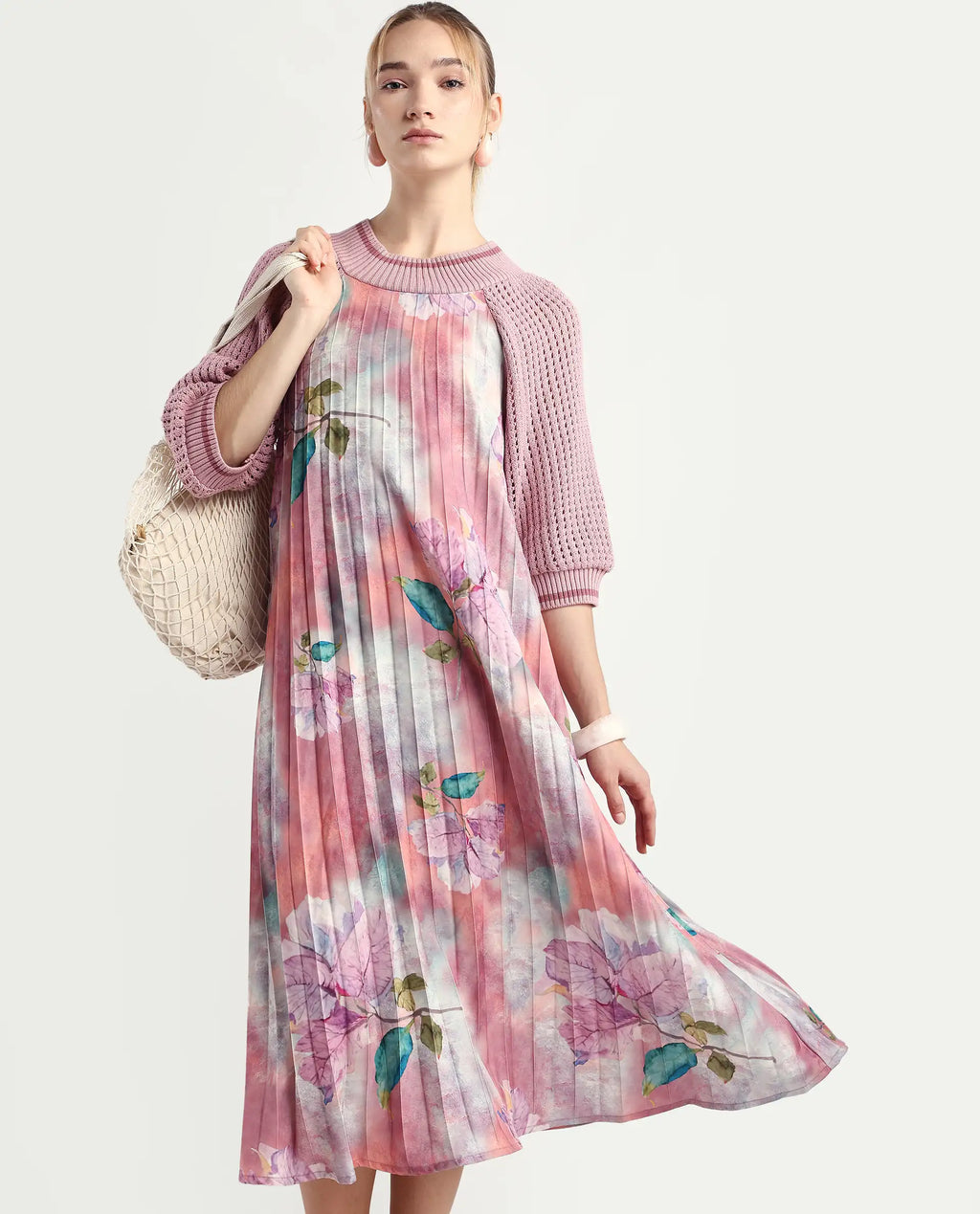 Rareism Women's Modley Multi Polyester Ribbed Collar Floral Print Raglan Sleeve Midi Flared Dress