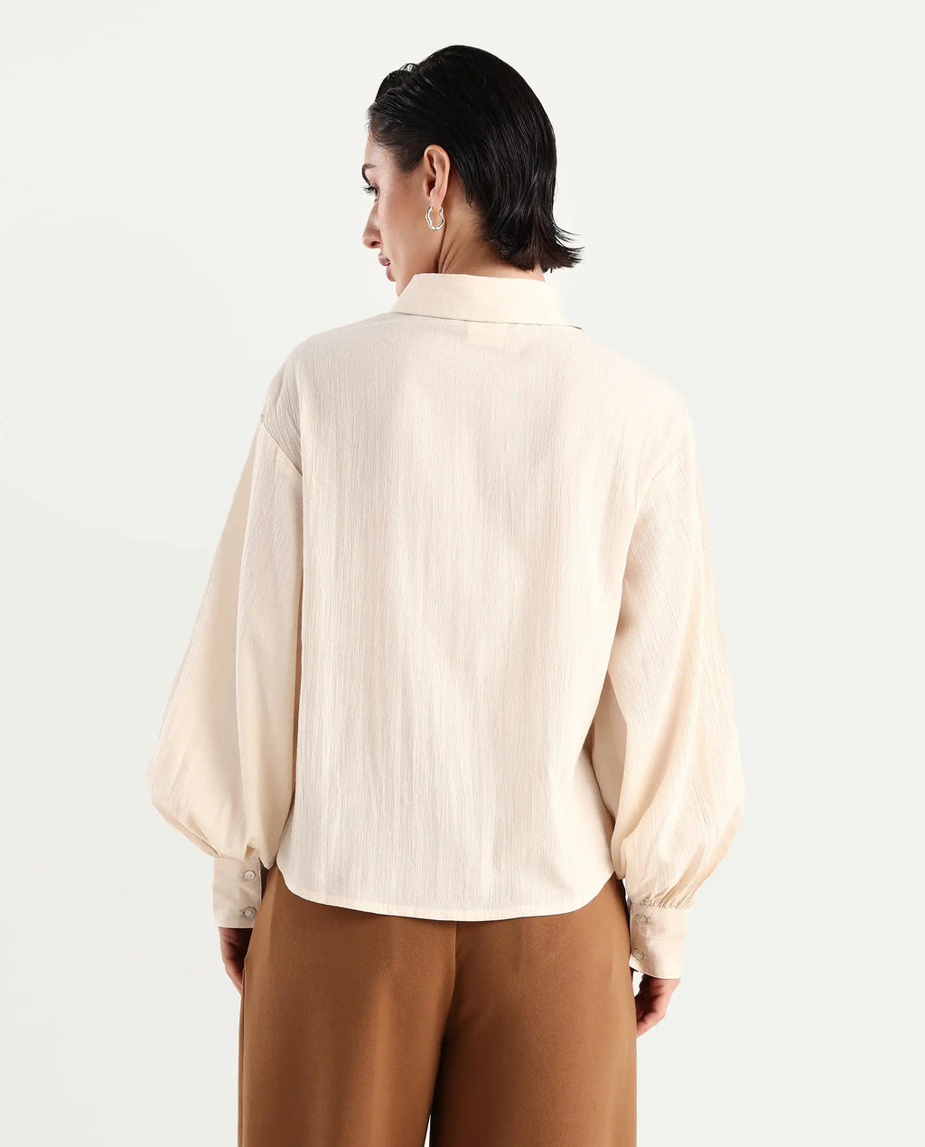 Rareism Women's Molfetta Light Off White Cotton Blend Drop Collar Plain Bishop Sleeve Regular Fit Shirt