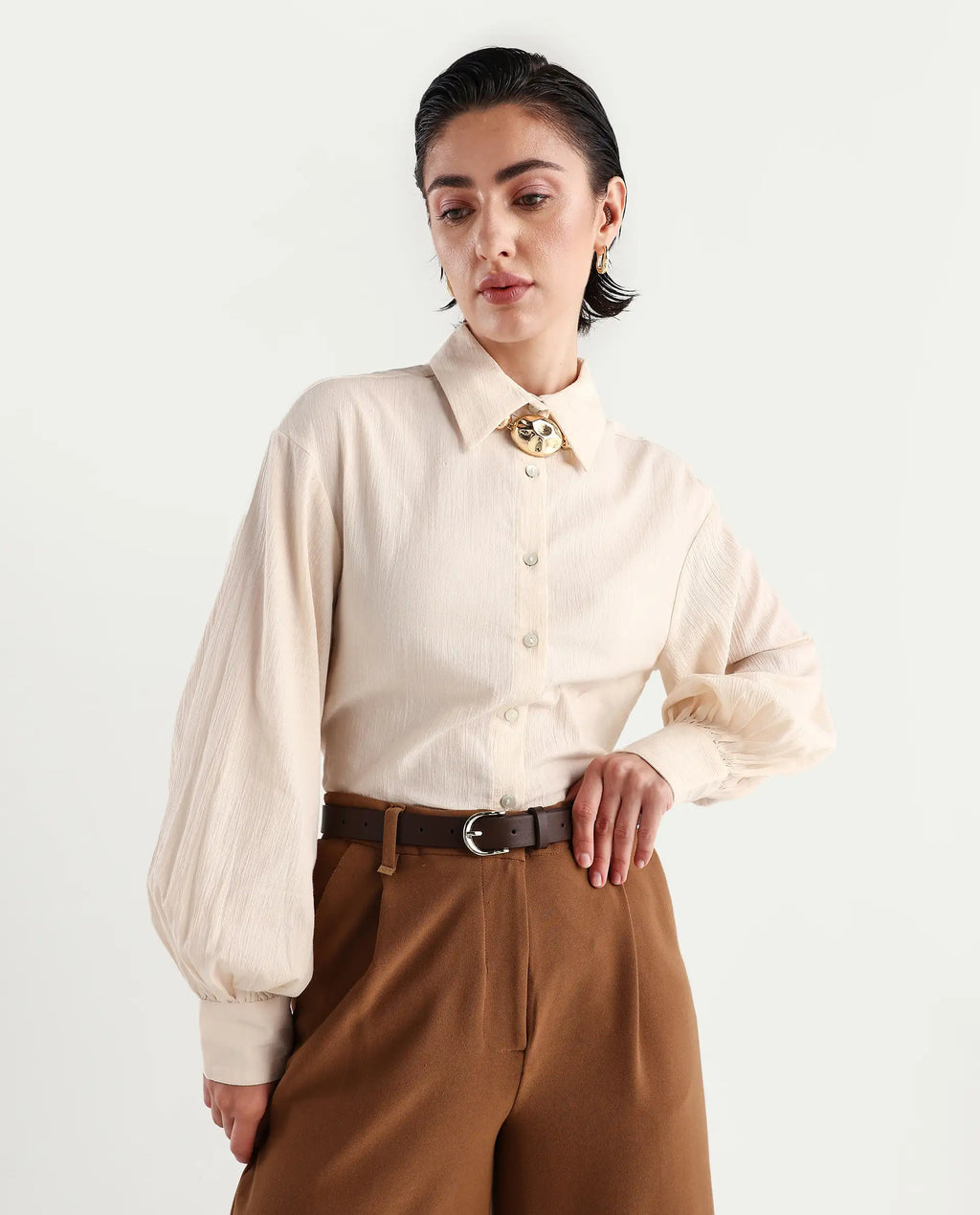 Rareism Women's Molfetta Light Off White Cotton Blend Drop Collar Plain Bishop Sleeve Regular Fit Shirt